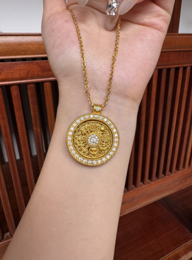 可转动八宝罗盘单吊坠男女款沙金仿真黄金编织绳项链转运古法首饰