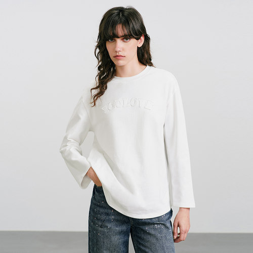 [100%绵]KBNE设计感圆领磨毛白色t恤女2025冬季新款长袖别致上衣 - 图2