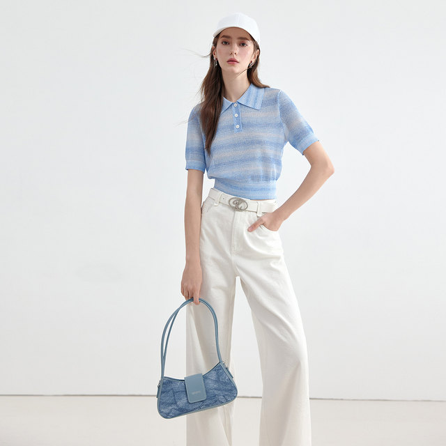 KBNE blue short-sleeved shirt slim shirt 2025 summer new style small short unique top for women