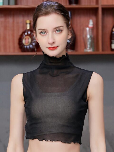 ຕາຫນ່າງ lace sleeveless turtleneck ກັບເສື້ອ bottoming ສີແຂງ