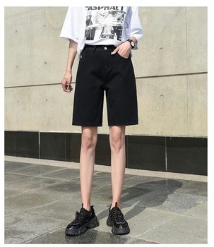 Retro denim shorts women's quarter pants summer new loose Korean students straight waist high slim wide leg mid-pants