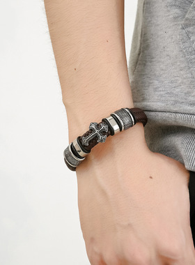 陈冠希钛钢十字架真皮手环王嘉尔牛皮耐磨编织时尚朋克潮流手链男