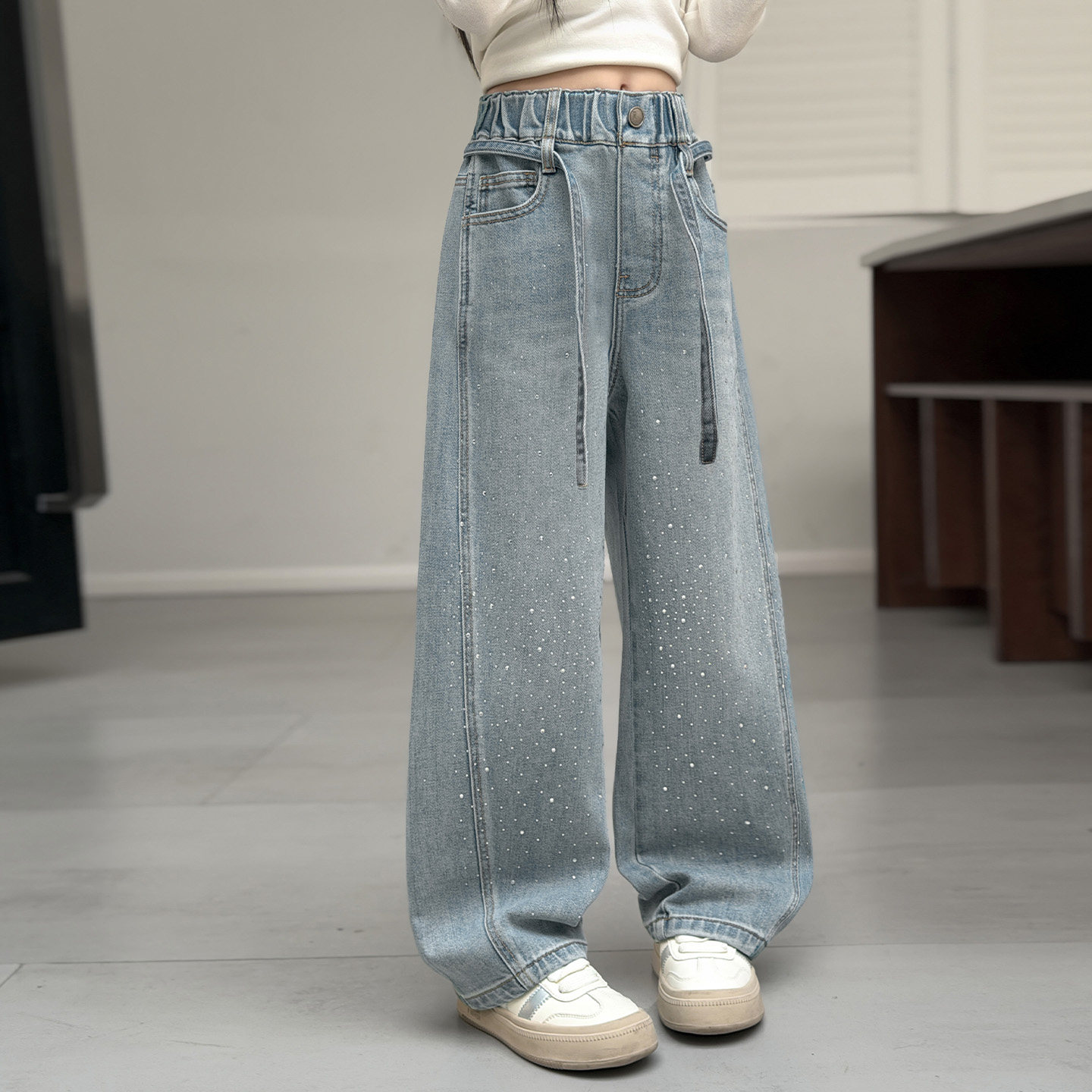 女童裤子牛仔弯刀裤春秋装新款中大童洋气烫钻直筒裤韩版休闲长裤,淘宝优惠券,粉丝福利购,淘宝优惠卷