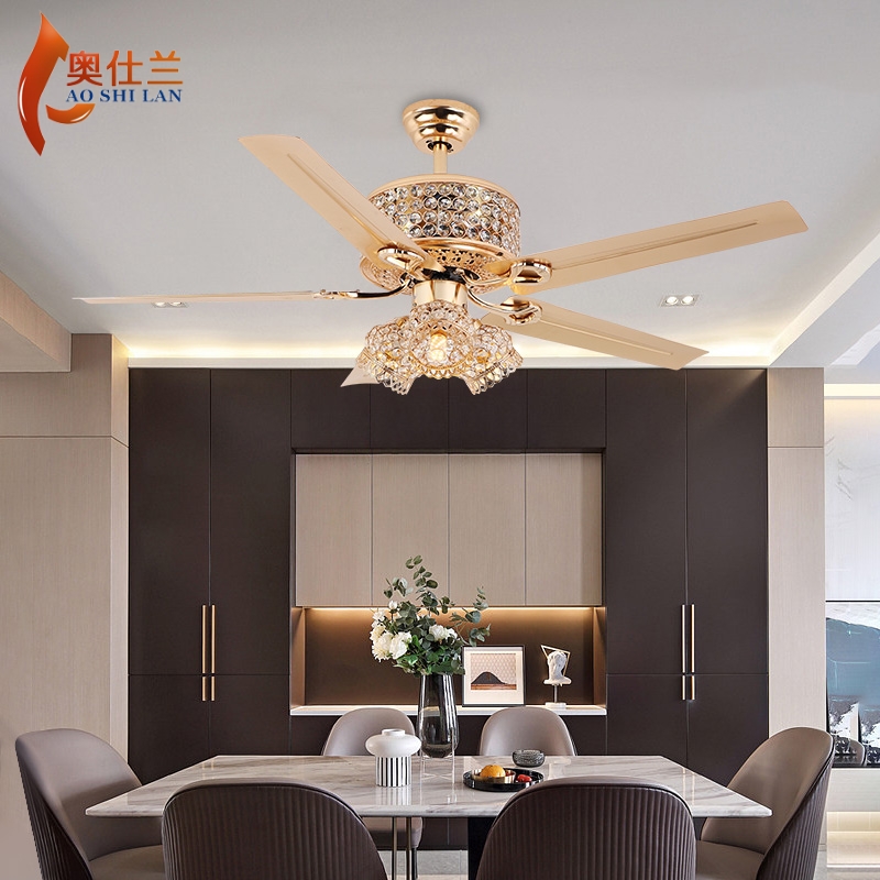 水晶新款美式餐厅吊扇灯乡村复古欧式铁叶客厅风扇灯ed蒂凡尼 - 图1