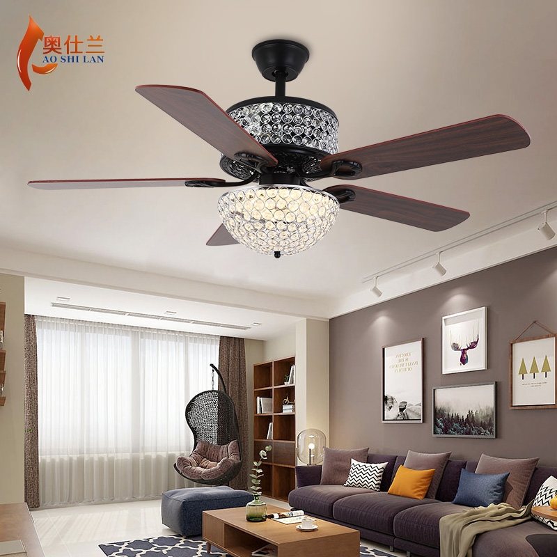 水晶新款美式餐厅吊扇灯乡村复古欧式铁叶客厅风扇灯ed蒂凡尼 - 图2