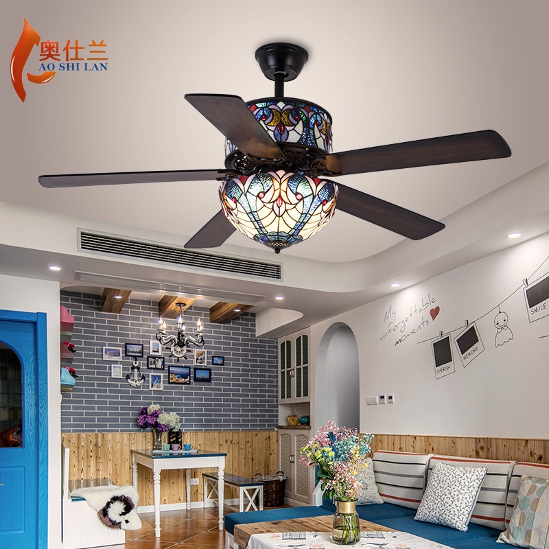 水晶新款美式餐厅吊扇灯乡村复古欧式铁叶客厅风扇灯ed蒂凡尼 - 图3