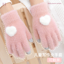Children Gloves Girl Girl Girl Autumn Winter Warm Plus Suede Thickening Cute Princess Five Finger Gloves Touch Screen Half Finger
