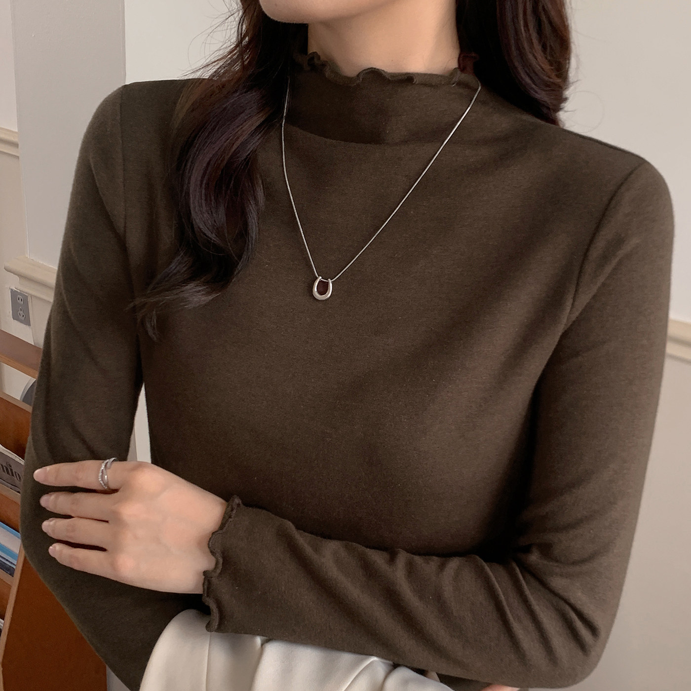 半高领打底衫女2025新款春秋冬内搭纯色木耳边高级感加绒中领上衣,淘宝优惠券,粉丝福利购,淘宝优惠卷