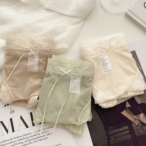 法式朦胧纯欲性感蕾丝高开叉内裤女舒适轻薄速干中腰纯棉裆3条 - 图1