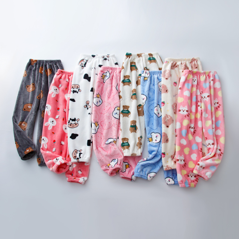 儿童睡裤秋冬季法兰绒加厚女童保暖裤子加绒冬天男童珊瑚绒家居裤 - 图1