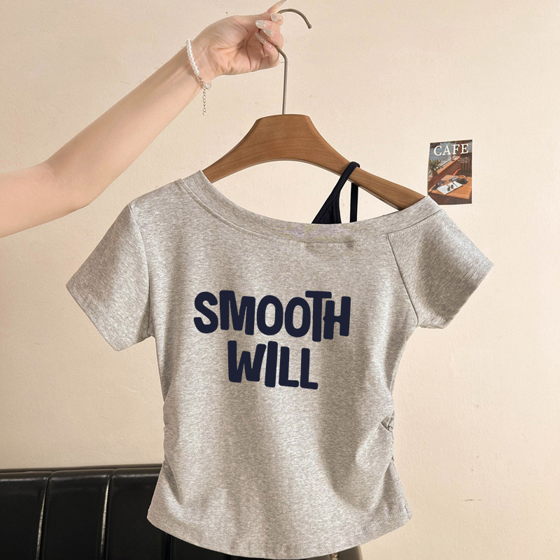 女中大童灰色字母印花收腰褶皱短袖t恤夏新款斜肩吊带高级感上衣,淘宝优惠券,粉丝福利购,淘宝优惠卷