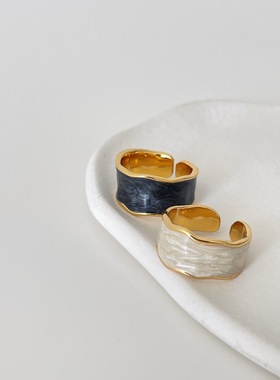 法式复古质感黑白珐琅釉开口戒指