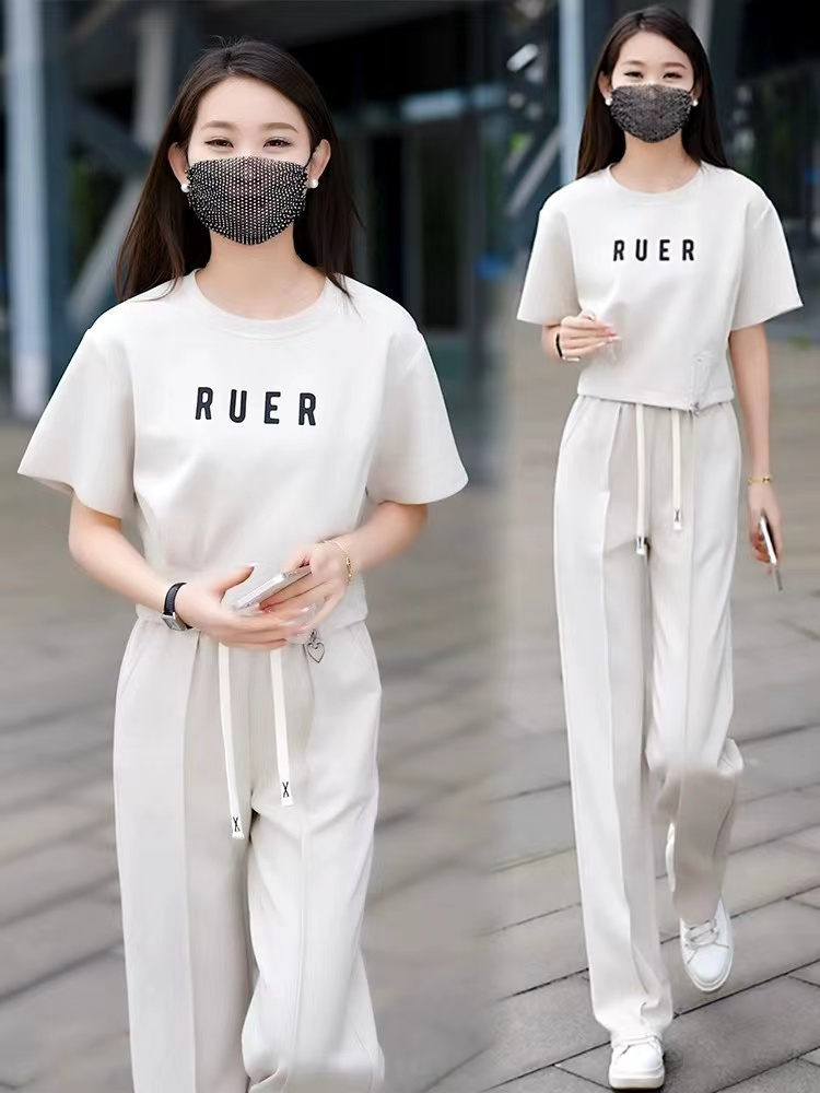 休闲时尚薄款运动服套装女2024夏季新款短款短袖阔腿裤洋气两件套