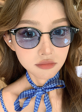 网红半框蓝色太阳镜女潮ins