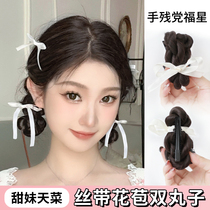 Ribbon pellet head wig female emulates man bag fashion minus age sweet and cool duckbill clamp fluffy wig ring double balls