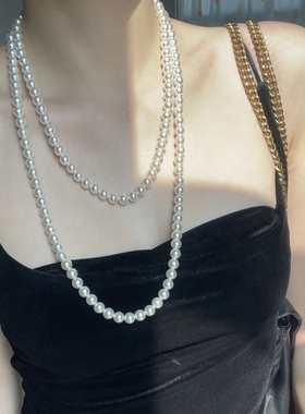 法式925银维纳斯澳白珍珠毛衣链澳白珍珠项链女倪妮同款绸缎光泽