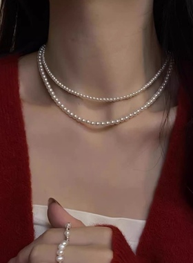 轻奢小众baby珠项链女正圆珍珠项链强光高级锁骨链超细小米珠颈链