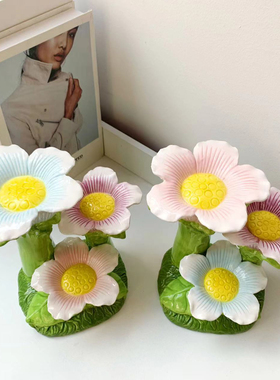 手绘釉下彩花朵造景摆台梦幻陶瓷花朵首饰托盘支架阶梯金丝熊装饰