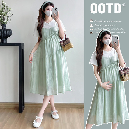 Maternity dress summer fashion fake two-piece splicing fresh and loose long skirt over knee long skirt summer age-reducing dress