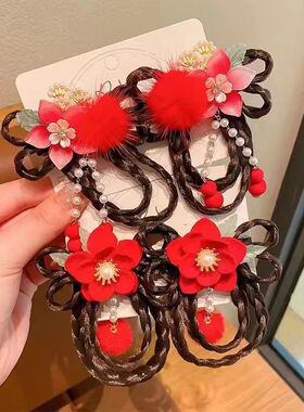 儿童新年中国风假发辫发饰女童古风汉服发夹头花宝宝过年红色头饰