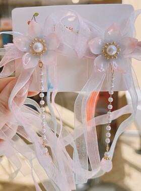 儿童古风汉服头饰手工步摇饰品花朵复古飘带古装发夹双马尾女孩