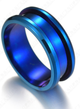 夸张创意光面8mm钛钢彩色凹槽戒指 时尚双斜边指环