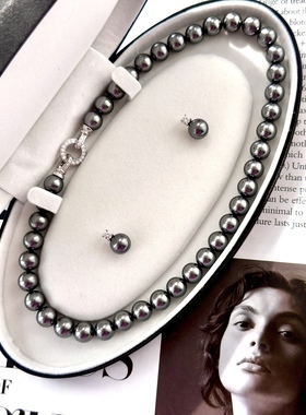 Joie大溪地铂金灰进口施家黑珍珠项链耳钉送礼套装