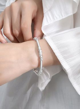 9999纯银繁花似锦手镯女实心推拉年轻款足银花丝镯子女友礼物百搭