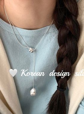 韩国2023年秋冬新款饰品 S925纯银巴洛克珍珠方形抽拉项链毛衣链