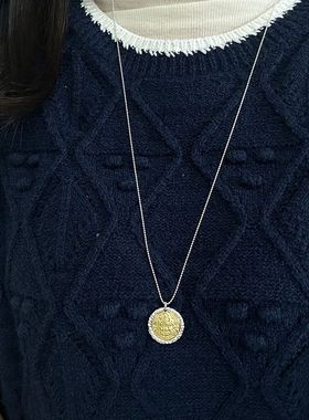 925纯银金银拼色财神项链女长款设计圆牌毛衣链秋冬新品热卖7135B