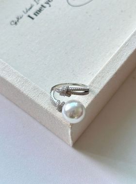 s925银重工满钻缠绕澳白单颗珍珠戒指女贵气感高级轻奢风开口指环