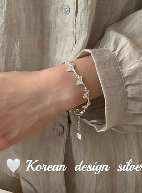 韩国小众设计感银饰 S925纯银银杏叶子手链亮银ins风手饰品女叠戴