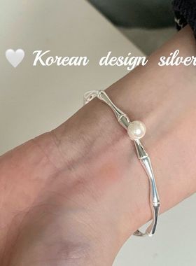 韩国东大门简约设计手饰品 S925纯银竹节珍珠手镯女叠戴百搭ins风