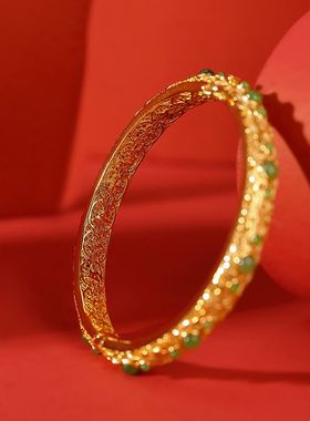 S925纯银镀金和田玉碧玉复古吉祥如意圆珠手镯传承款女手环礼物