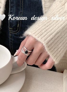 韩国东大门小众设计银饰品 S925纯银三层黑玛瑙开口戒指 高级感