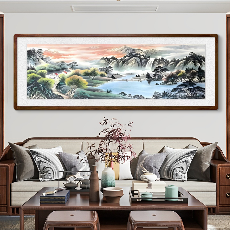 山水画靠山图新中式客厅挂画沙发背景墙高档大气办公室手绘壁画