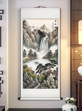 紫气东来山水画卷轴挂画新中式玄关装饰画入户正对门竖版挂轴壁画