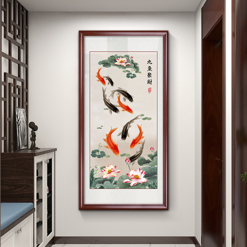 九鱼聚财图入户玄关装饰画新中式纯手绘走廊过道壁画荷花国画挂画