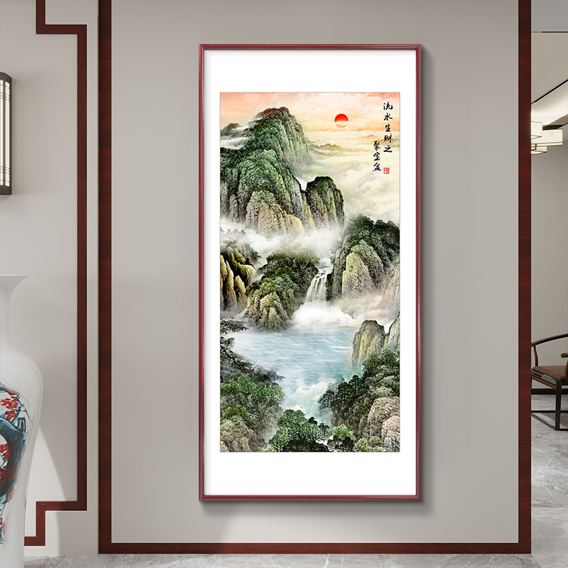 旭日东升靠山图新中式入户玄关装饰画走廊过道挂画镇宅山水画国画