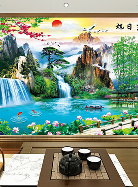 山水画墙贴纸自粘中式风景画