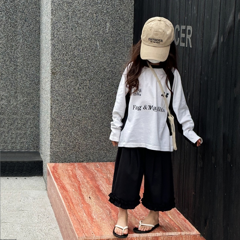 韩版儿童字母拼色长袖T恤2024春夏新款休闲运动上衣女童时尚宽松