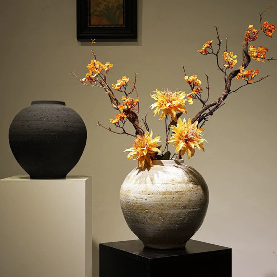 Wabi-sabi style artificial flower ware, handmade coarse pottery, home entrance, B&B decoration, new Chinese-style pottery pot, ceramic vase ornaments