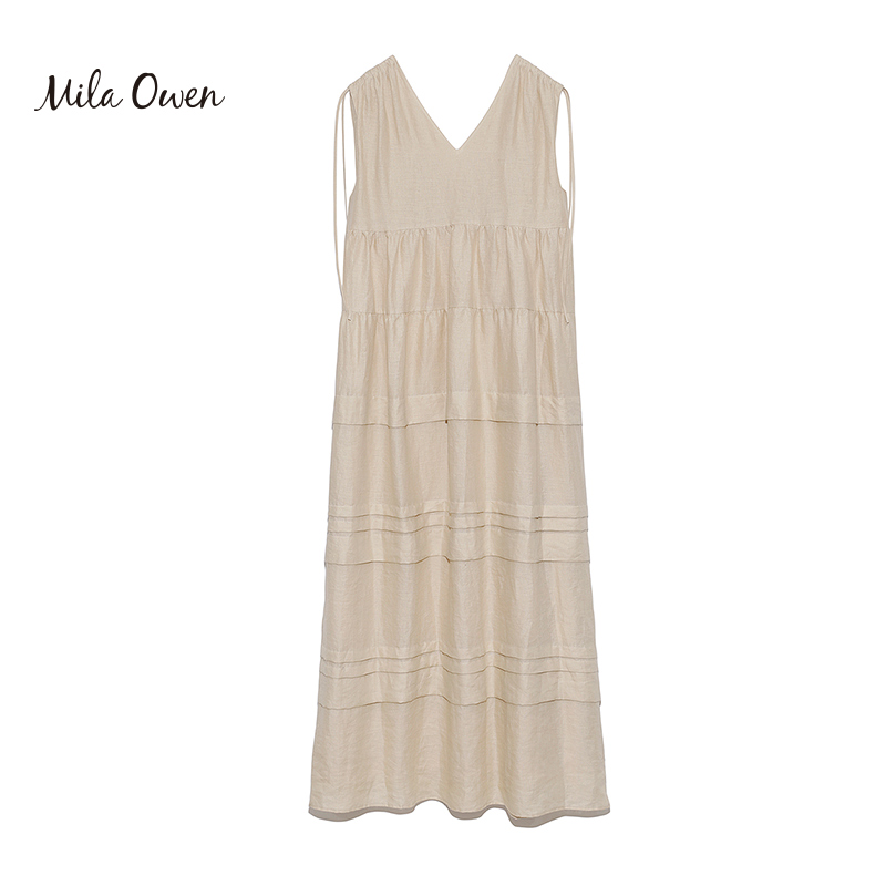 Mila Owen 夏季款日系时尚亚麻V领无袖系带设计感分层连衣裙女士 - 图3