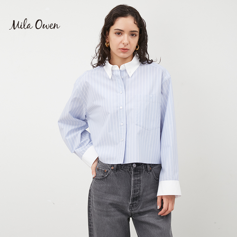 Mila Owen秋冬日系简约拼色短款条纹长袖翻领衬衫09WFB234024 - 图1