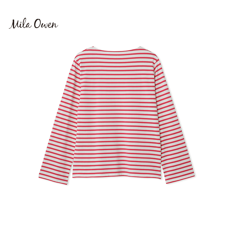 Mila Owen春夏季新款休闲简约纯棉设计感低圆领条纹长袖T恤上衣女 - 图3