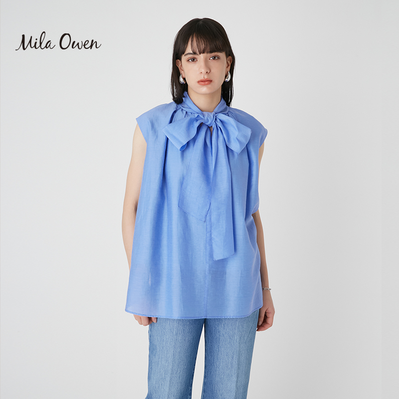 Mila Owen 2023夏季新款气质正反两穿蝴蝶结飞袖衬衫09WFB234916 - 图2