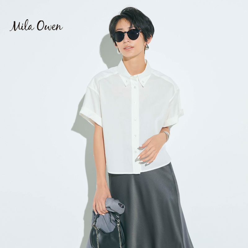 Mila Owen 2023夏季新款休闲通勤宽松短版纯色衬衫女09WFB232078 - 图0