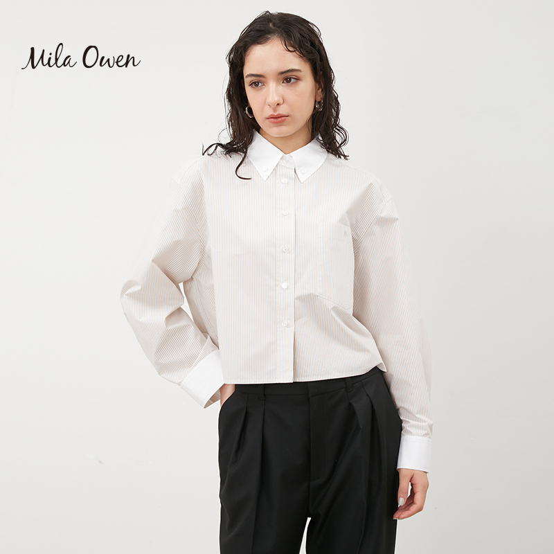 Mila Owen秋冬日系简约拼色短款条纹长袖翻领衬衫09WFB234024 - 图0