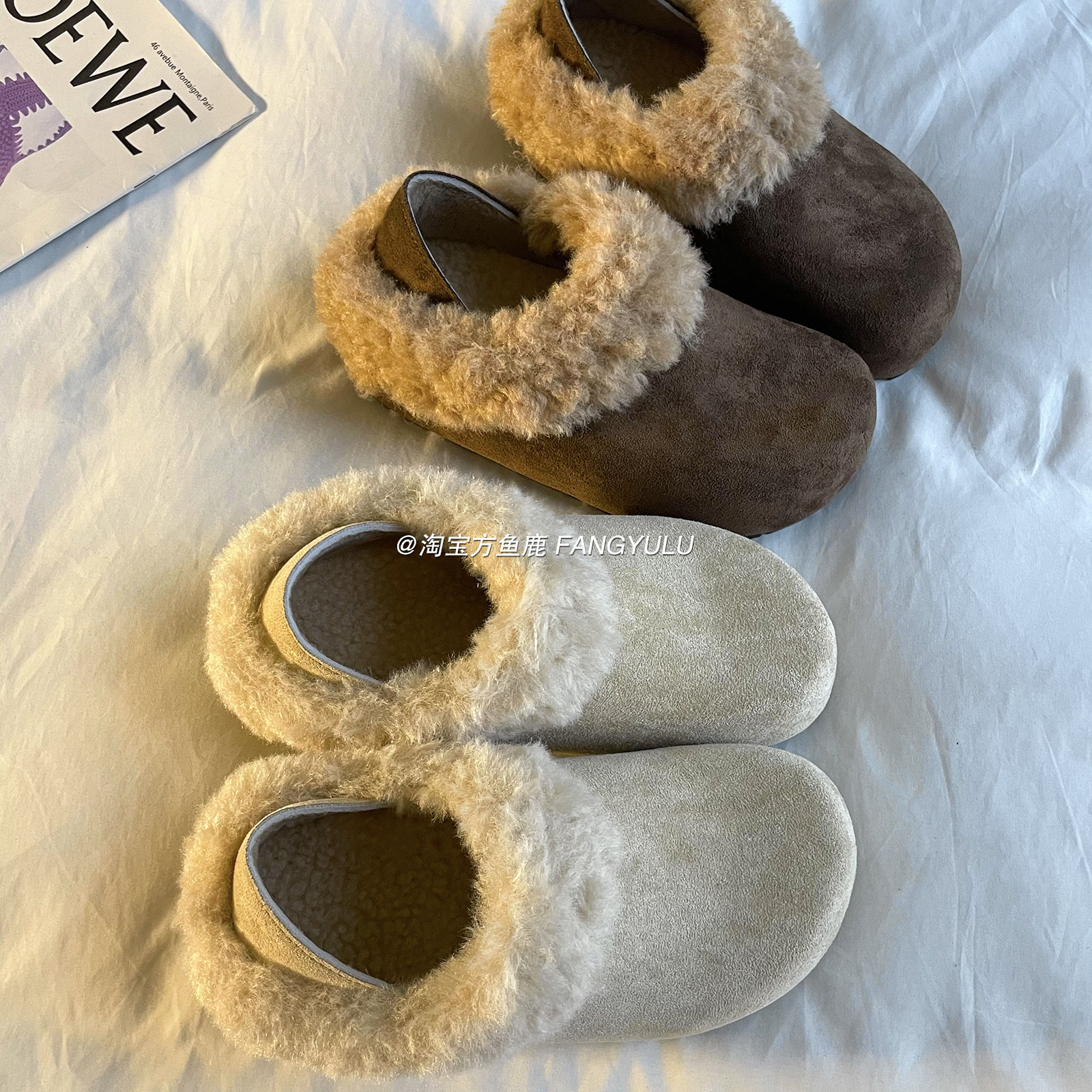 方鱼鹿 复古加绒半拖勃肯鞋女2025冬季厚底一脚蹬懒人毛毛棉拖鞋,淘宝优惠券,粉丝福利购,淘宝优惠卷