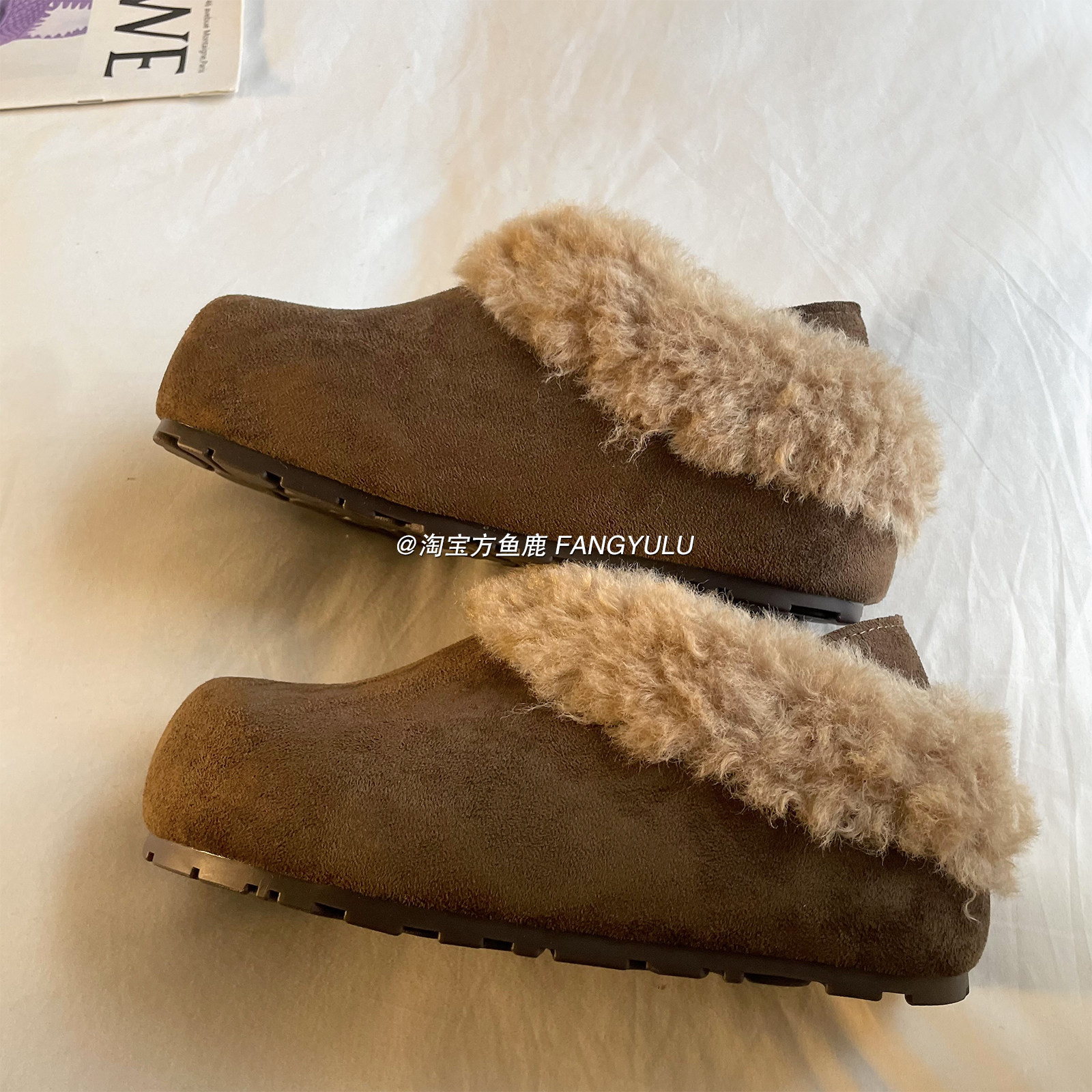方鱼鹿 复古加绒半拖勃肯鞋女2025冬季厚底一脚蹬懒人毛毛棉拖鞋,淘宝优惠券,粉丝福利购,淘宝优惠卷